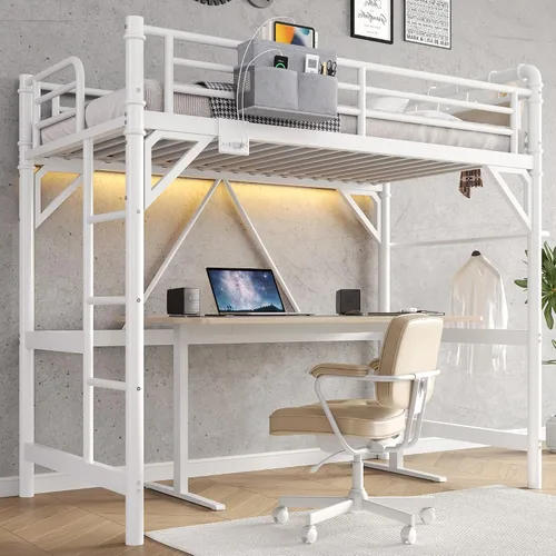 Miniatura 11 de Cama tipo loft de tamaño individual con luces LED y estación de carga, marco de cama industrial de metal resistente con escalera y barandilla