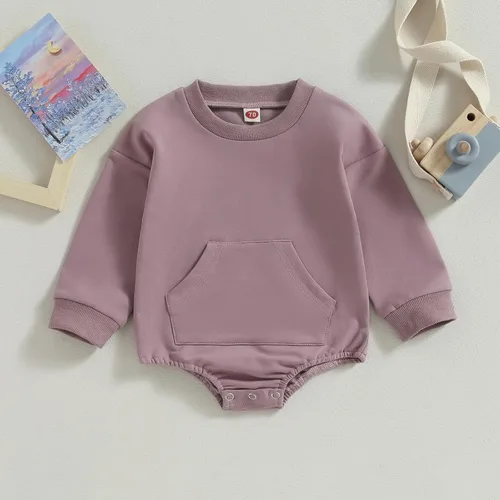Miniatura 2 de Mameluco de manga larga con bloques de color para bebé, niño, niña, con bolsillo, cuello redondo, sudadera básica para otoño e invierno