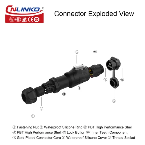 Miniatura 5 de CNLINKO Conector Circular de Panel IP68 M16 de Plástico de 3 Pines Macho y Hembra Eléctrico Impermeable Arnés de Cables Automático Soldadura