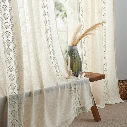 Miniatura 7 de Cortinas modernas de lino de 96 pulgadas de largo, 2 paneles de cortinas semitransparentes bordadas para sala de estar, cortinas filtrantes de luz