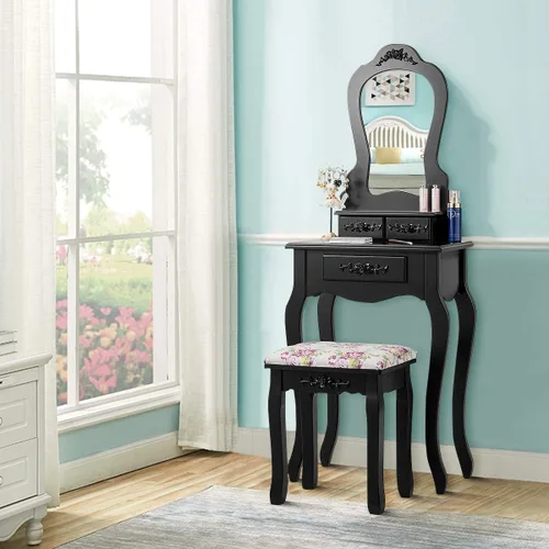 Miniatura 9 de LDAILY Juego de mesa de tocador con taburete acolchado, mesa de maquillaje con espejo transparente y 3 cajones de almacenamiento, escritorio