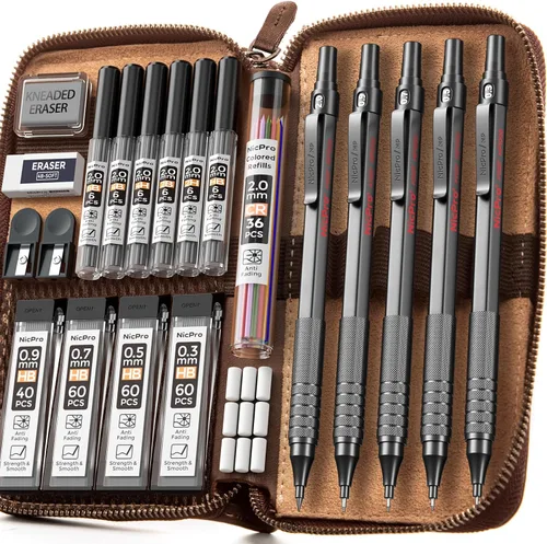 Miniatura 8 de Nicpro - Juego de 20 portaminas metálicos negros en estuche de cuero, lápices de dibujo de 0.01 pulgadas, 0.02 pulgadas, 0.03 pulgadas, 0.035