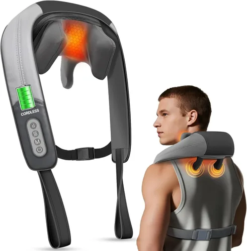CuPiLo Masajeador de cuello y hombros con calor, apto para FSA, masajeador de amasamiento de tejido profundo experto 4D, masaje recargable para