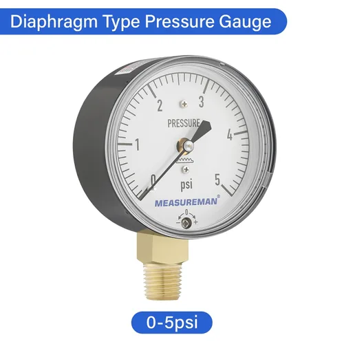 Miniatura 7 de MEASUREMAN Medidor de Presión de Tipo Diafragma en Cápsula de Baja Presión con Válvula, Conexión FNPT de 3/4", Esfera de 2-1/2", Ajustable, 0-5 Psi