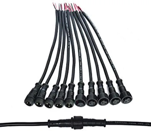 5 pares de conectores eléctricos LED de 2 pines negros para luces LED, cable de extensión de 20 cm, 40 cm/par, 0.3mm², tuerca de 15 mm