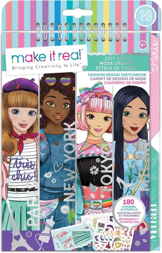 Make It Real Cuaderno de bocetos de diseño de moda: estilo urbano - Libro para colorear con diseño de moda inspirador para niñas - Incluye cuaderno