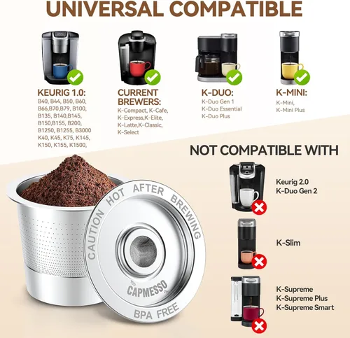 Miniatura 3 de CAPMESSO Cápsulas de café reutilizables K Cups para Keurig 1.0: Cápsula K recargable de acero inoxidable - Filtro de café reutilizable para cafetera