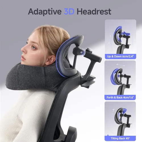 Miniatura 5 de Silla de oficina con reposapiés, silla ergonómica con almohada para el cuello y ruedas de goma, silla de computadora con respaldo ajustable y Negro