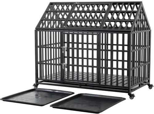 Miniatura 6 de Jaula de perro resistente de 52 pulgadas, jaula grande para perros, perreras y jaulas de metal fuerte para perros grandes con 4 ruedas con cerradura