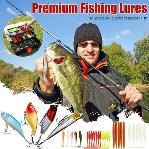 Miniatura 5 de RoundFunny Caja grande de 517 piezas de 3 capas con señuelos de pesca con aparejos que incluye alicates, pinza de labios de pez, crankbait, ganchos