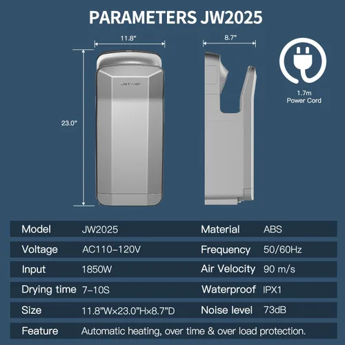 Miniatura 2 de JETWELL Secador de manos vertical de alta calidad, motor de aire de chorro de alta velocidad, velocidad ajustable con filtro HEPA, soplador de mano