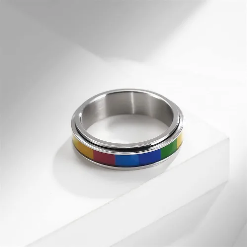 Miniatura 2 de Anillo giratorio cuadrado con arco iris LGBT para mujeres, hombres, parejas, alivio del estrés, anillo giratorio de acero inoxidable Love Is Love