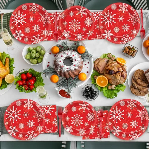 Miniatura 6 de Juego de vajilla de 100 piezas de Feliz Navidad, suministros de fiesta temática de Navidad, sirve para 25 invitados, platos de papel de copos