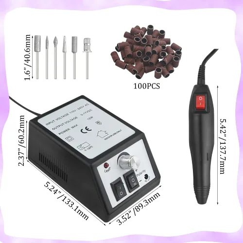 Miniatura 5 de Taladro eléctrico profesional de 20,000 rpm, para arte de uñas, máquina rápida de acristalamiento, con 1 paquete de bandas de lijado (negro)