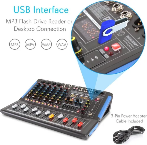 Miniatura 4 de Pyle Mezclador de audio estilo consola de 8 canales con Bluetooth - Controlador de sonido DJ, 4 entradas XLR / combinado, salida sub, +48V Phantom