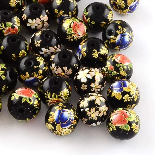 PH PandaHall 20 cuentas redondas de vidrio con patrón de flores de 0.472 in, cuentas de dibujo de colores, cuentas espaciadoras de modelo mixto Negro
