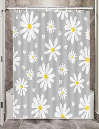 Miniatura 12 de Cortina de ducha con diseño floral de margaritas azules para caravana, remolque, baño, lindo juego de cortinas de ducha de tela estrecha y corta