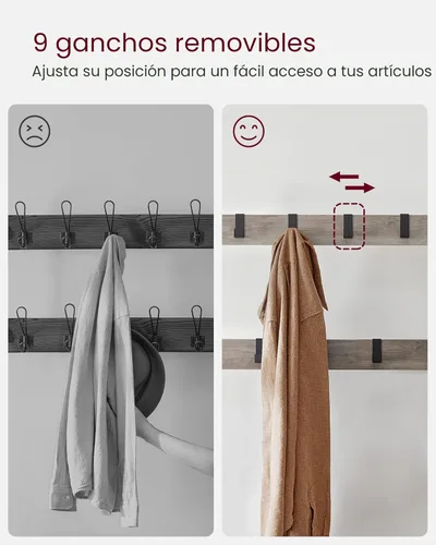 Miniatura 6 de VASAGLE Perchero, Árbol de Pasillo con Banco de Zapatos para Entrada, Banco de Entrada con Perchero, 4 en 1, con 9 Ganchos Extraíbles, una Barra