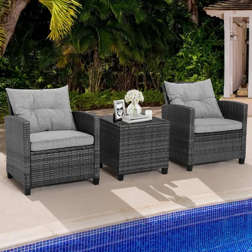 Miniatura 3 de HAPPYGRILL Juego de conversación para patio de 3 piezas, juego de muebles de exterior de sofá de ratán PE con cojines removibles, sillas de mimbre