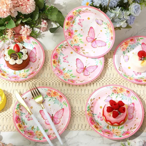 Miniatura 4 de Zopeal 60 platos de papel de mariposa primaveral a granel de 9 pulgadas con flores rosas florales desechables para tartas de postre, decorativos