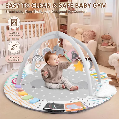 Miniatura 6 de Tapete de gimnasio y actividad para bebés, tapete para el tiempo boca abajo con juguete de nube, 7 juguetes sensoriales desmontables y tarjetas