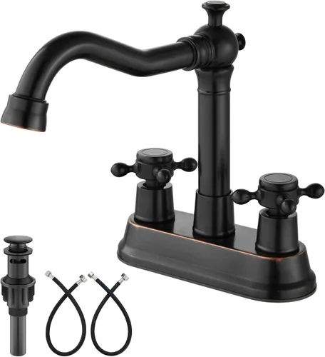 Miniatura 14 de Aolemi Juego central de 4 pulgadas, grifo vintage para lavabo de baño, 2 manijas cruzadas, lavabo para lavabo, 3 agujeros, incluye mangueras, grifo