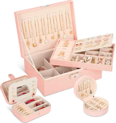 Paquete de 3 cajas de joyería cajas de joyería para mujeres y organizador de joyas de viaje con espejo y caja de joyería pequeña caja organizadora