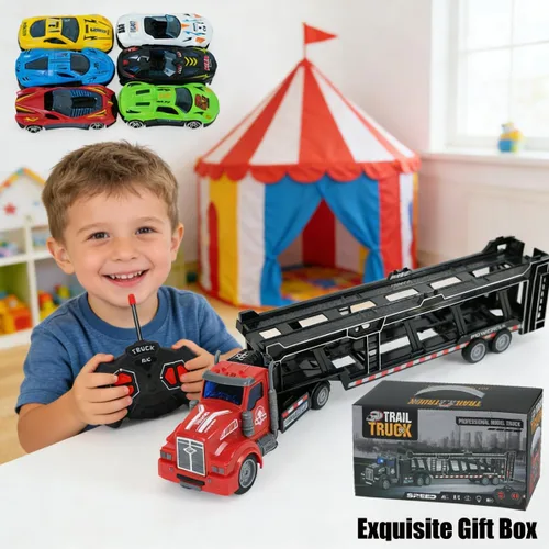 Miniatura 2 de Camión transportador de automóviles a control remoto incluye 6 coches, 14 pulgadas 1:48 de juguete transportador de automóviles semirremolque