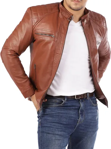 Signature Diamond Style Café Racer - Chaqueta de piel de cordero para hombre, estilo casual, de piel real, acolchada, estilo motociclista