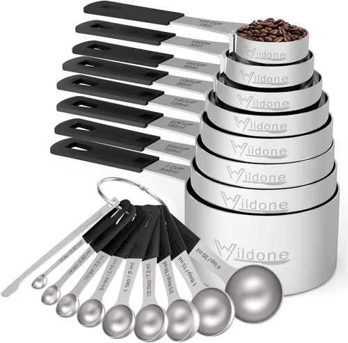 Miniatura 8 de Wildone Juego de 18 tazas y cucharas medidoras, incluye 8 tazas medidoras de acero inoxidable, 9 cucharas medidoras, 1 nivelador, ideal para Varios