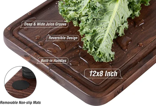 Miniatura 6 de AZRHOM Tabla de cortar de madera de nogal, tablas de cortar pequeñas de madera de 12 x 8 pulgadas con ranura profunda para jugo y mango lateral