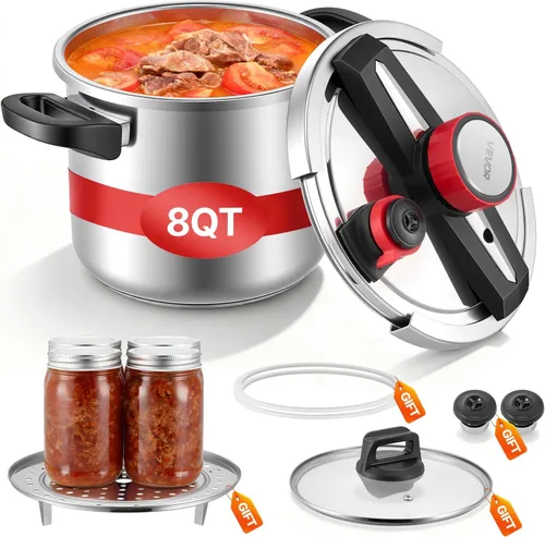 VEVOR Olla a presión, olla a presión de 8 cuartos de galón, acero inoxidable, recipiente a presión con estante para vapor, tapa de vidrio templado,