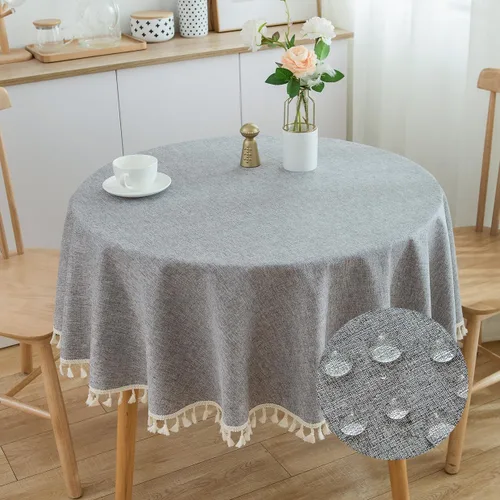 Miniatura 8 de Mantel redondo de algodón con aspecto de lino de 48 pulgadas/48.0 in resistente al agua, borde de borla, cubierta suave de color sólido para cocina