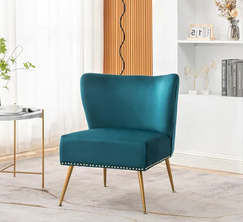 Miniatura 9 de Container Furniture Direct Thia Silla decorativa de terciopelo sin brazos para sala de estar, elegante asiento con ribete de cabeza de clavo, patas