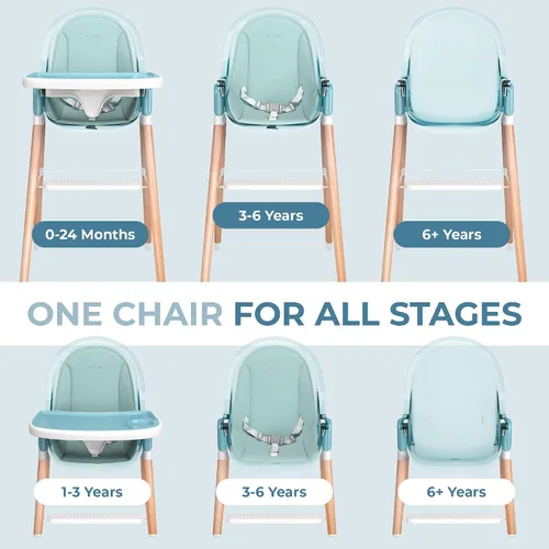 Miniatura 6 de Silla alta de madera de lujo 6 en 1 para bebés y niños pequeños, moderna, segura y compacta, fácil de limpiar y montar, bandeja y cojín extraíbles