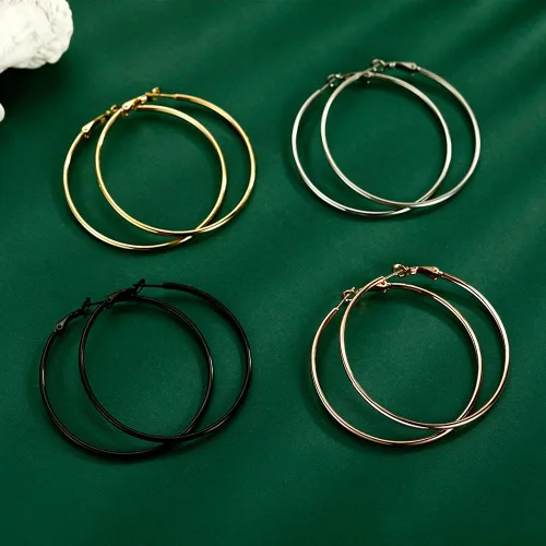 Miniatura 4 de Juego de 4 pares de aretes de aro grandes para mujeres y niñas, de acero inoxidable 316L, hipoalergénicos, chapados en plata, chapados en oro de 14