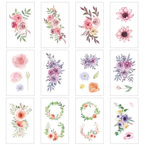 Miniatura 3 de Everjoy Calcomanías de tatuajes temporales de flores, rosas de acuarela, peonía, margarita, arte corporal botánico, tatuajes falsos para mujeres