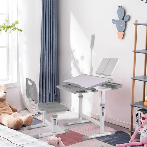 Miniatura 2 de Juego de escritorio y silla de arte para niños, mesa de dibujo de altura ajustable con inclinación de 40 grados, luz LED, soporte para libros
