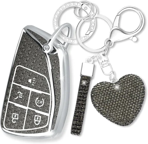 Funda para llavero con llavero de corazón de diamante compatible con Chevy 2021-2024, Negro, 5 Botones