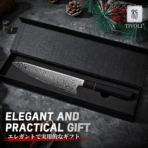 Miniatura 7 de Cuchillo de chef de damasco TIVOLI de 8 pulgadas, cuchillo de cocina japonés forjado a mano de alto carbono con mango octagonal, cuchillo de cocina