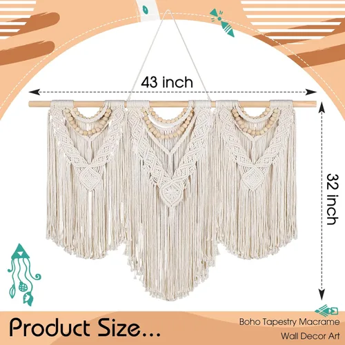 Miniatura 2 de Newwiee Tapiz de macramé grande de 43 x 32 pulgadas para colgar en la pared con barra, decoración bohemia para pared, decoración bohemia con borlas