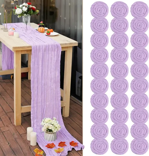 30 piezas de camino de mesa de gasa de color lavanda de 10 pies de 23 x 120 pulgadas, camino de mesa de gasa bohemio romántico, camino de mesa para