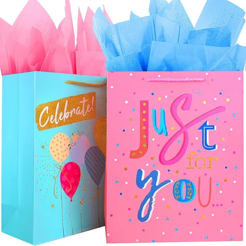 Miniatura 9 de Bolsa de regalo para niñas, bolsa de regalo grande de cumpleaños, juego a granel que incluye 2 bolsas de regalo de papel con papel de seda, bolsas