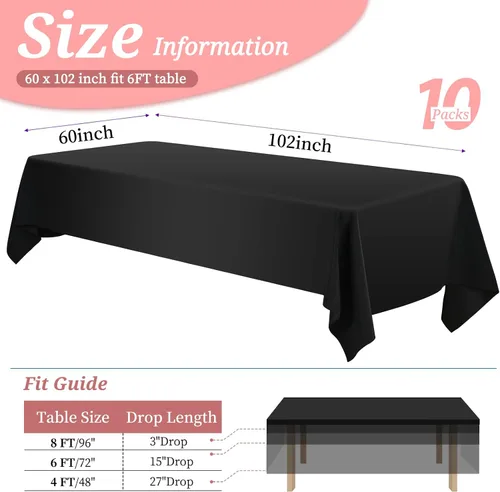 Miniatura 2 de YMHPRIDE Paquete de 10 manteles negros de tela de poliéster de 60 x 102 pulgadas para mesas rectangulares de 6 pies, resistentes a las arrugas