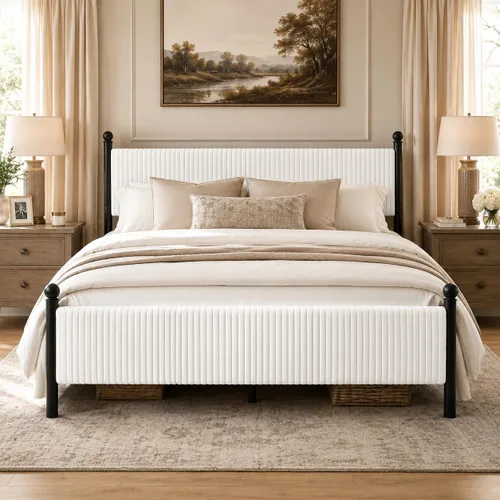 Miniatura 3 de BarnFurin Base de cama tamaño matrimonial con cabecero, cama tapizada de plataforma de metal con terciopelo de pana y listones de madera, diseño