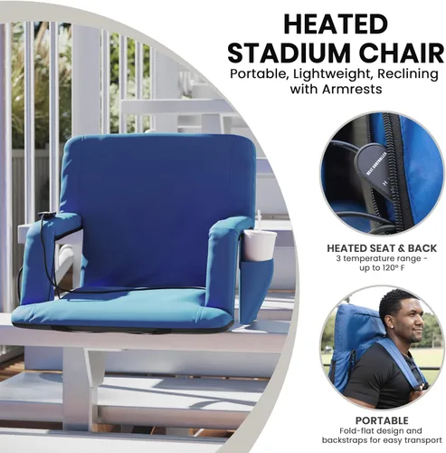Miniatura 4 de Flash Furniture Asiento para estadio Malta con respaldo y asiento calefactados, 6 posiciones reclinables, silla portátil con correas de mochila, Azul