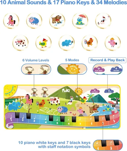 Miniatura 2 de Foki - Alfombrilla de piano para niños pequeños con 61 sonidos de música de animales, juguete educativo sensorial y musical para bailar, teclado