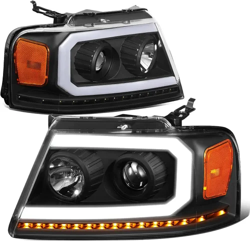 DNA MOTORING HL-HPL-F15004-BK-AM - Faros delanteros negros de repuesto para 04-08 F-150 06-08 Mark LT secuencial persecución ámbar LED señal de giro