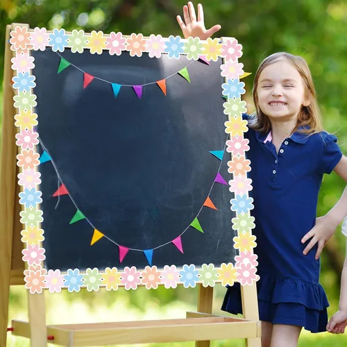 Miniatura 7 de Tablero de anuncios de margaritas para decoración de 32.8 pies, borde de anuncios floral pastel de margarita, bordes enrollados troquelados