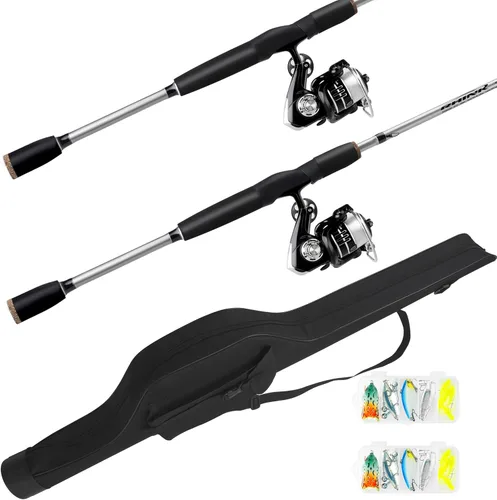 Juego de 2 piezas de caña de pescar y carrete giratorio con señuelos, bolsa de pesca, kit de caña de pescar portátil para agua salada, agua dulce,